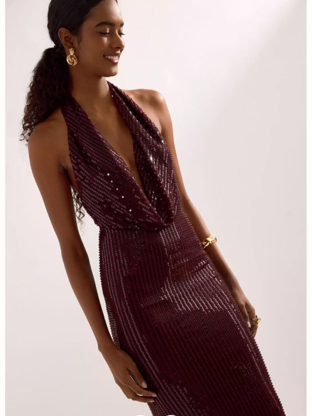 Bardot Nola Beaded Sequin Cowl Halter Maxi Dress